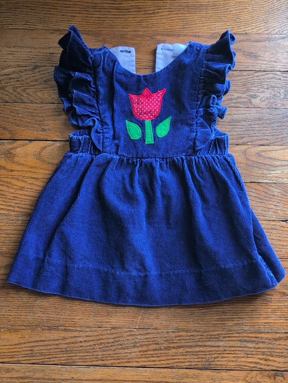 Vintage Baby Girls 70s-80s Blue Corduroy Dress Embroidered Floral Applique Tulip